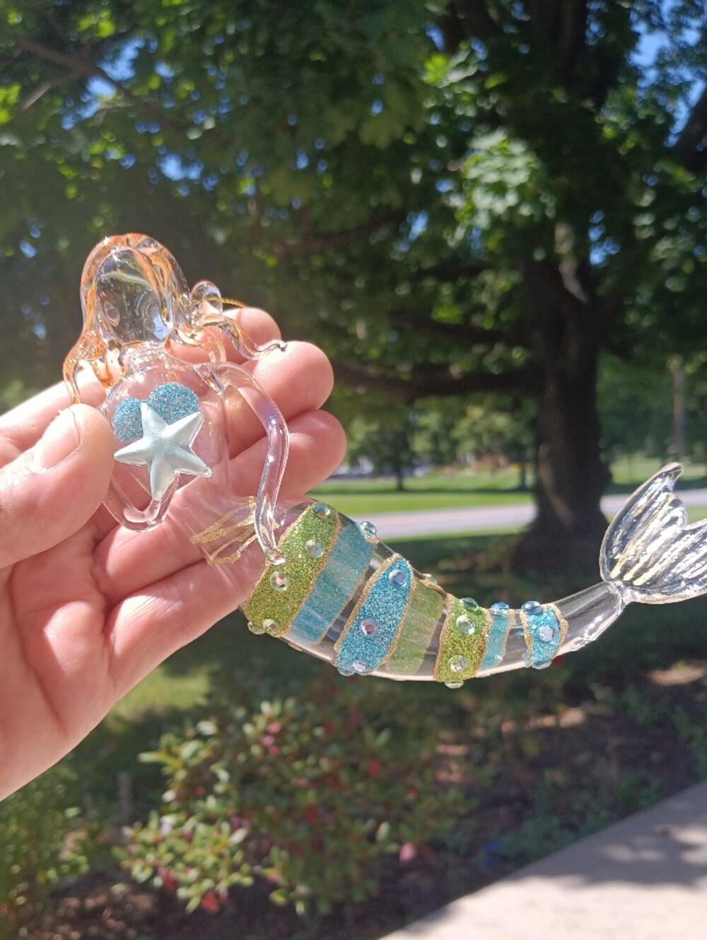 Hand Blown Mermaid Glass Ornament Holding Star